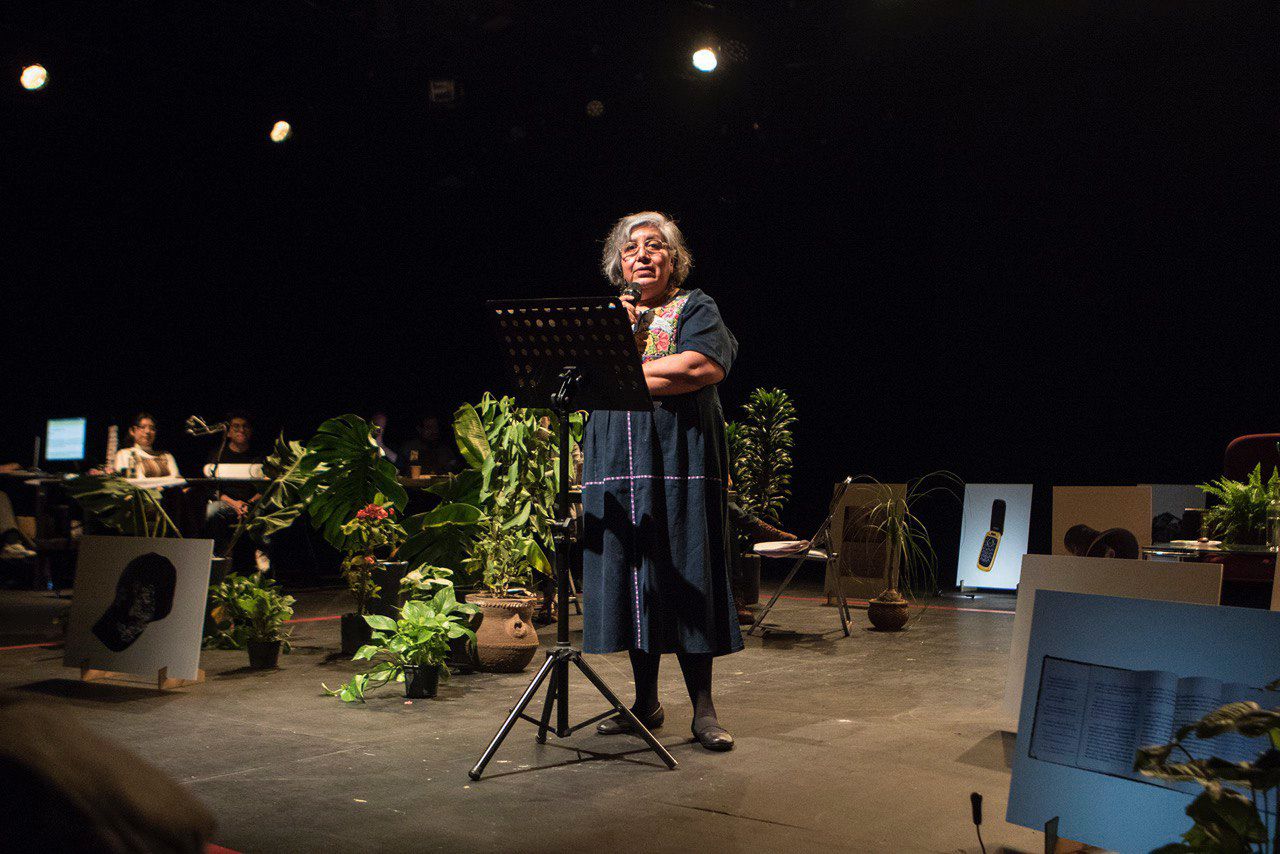 Mexican journalist and activist Griselda Triana speaks during the stage production “The journalists tell”, in Mexico City.